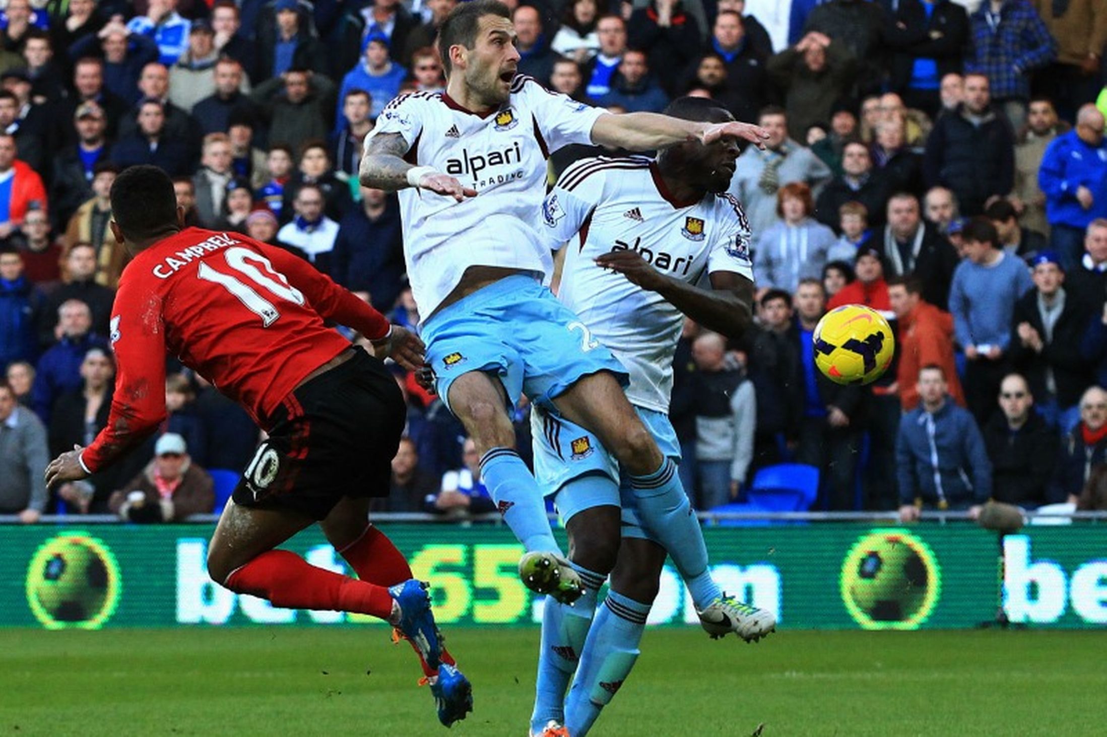 The incident where West Ham right Guy Demel was concussed by team mate Roger Johnson - Johnson did well on his return to Cardiff, but City's unimaginative attacking played into his hands.*