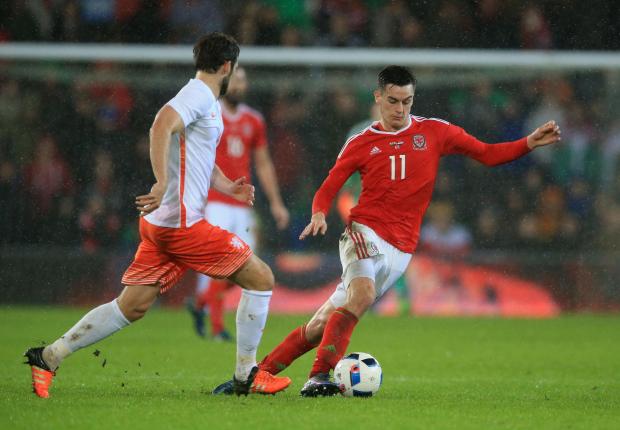 Tom Lawrence in action during his very impressive first start for Wales against the Netherlands in November. After that match, his chances of making it into the squad for the Euros looked very good - no goals for club or country since then have meant they've probably receded somewhat since then.