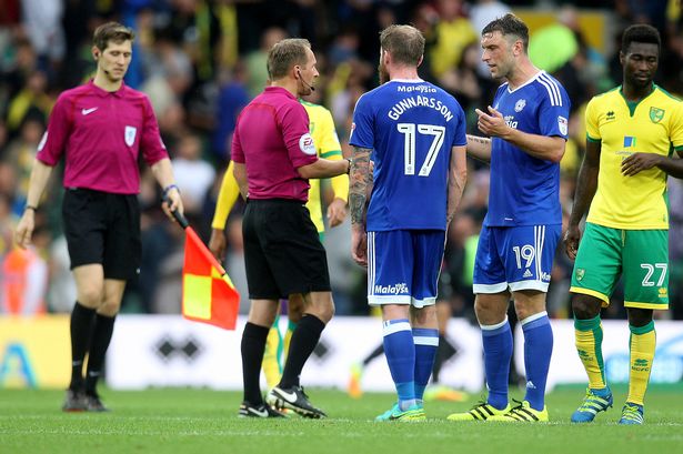 No doubt Lambert and Aron Gunnarsson (two leaders in a  squad generally reckoned to be short of them) are asking referee Oliver Langford why he hadn't penalised Jonny Howson for a fouol on the Iceland captain a couple of minutes earlier in the lead up to Norwich's third goal - sides which spend the season in the bottom third of their league get used to have such discussions with officials at the final whistle - I'd say City have until the next international break to get themselves into a position where such discussions don't become the norm.*