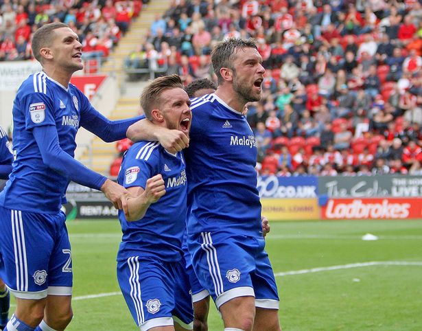 Rickie Lambert celebrates what is probably our most important goal so far this season. His first two goals for Cardiff City suggest he is a big favourite to finish as our top scorer this season with the amount of competition he gets for that award being a good indicator of how far up the table we can rise.*