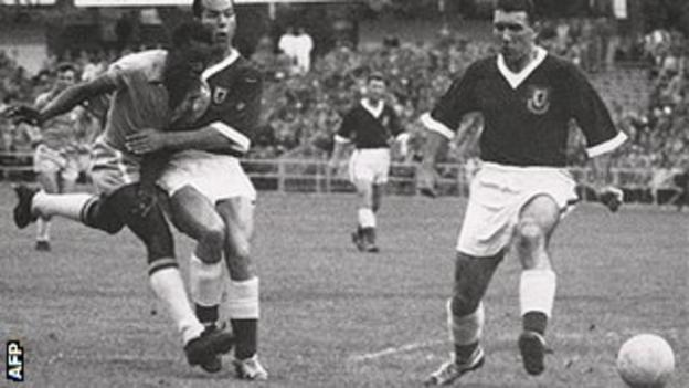 It seems Mel Charles was never far away from Pele in the historic 1958 World Cup Quarter Final between Wales and Brazil - he certainly isn't in this photo. 